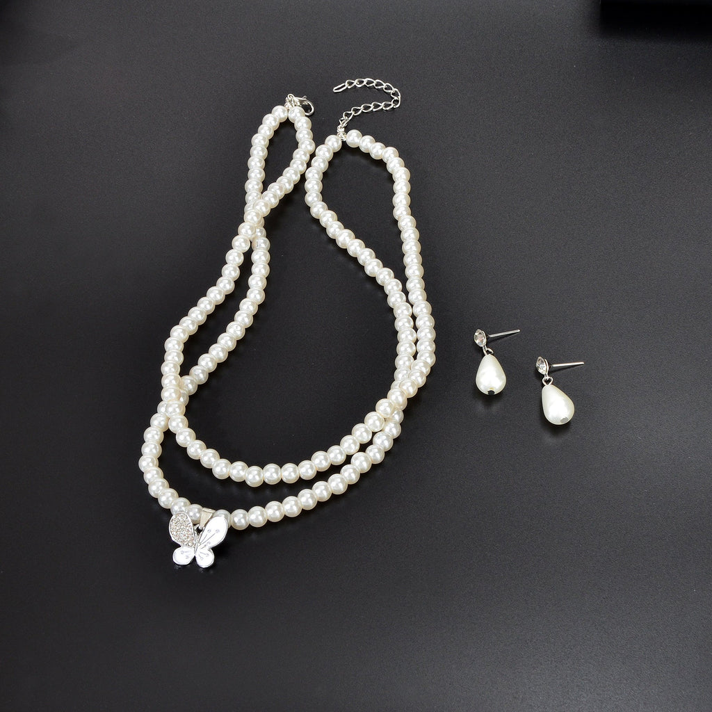 Imitation Pearl Double layered Necklace Water Drop Earrings Banquet Wedding Jewellery set