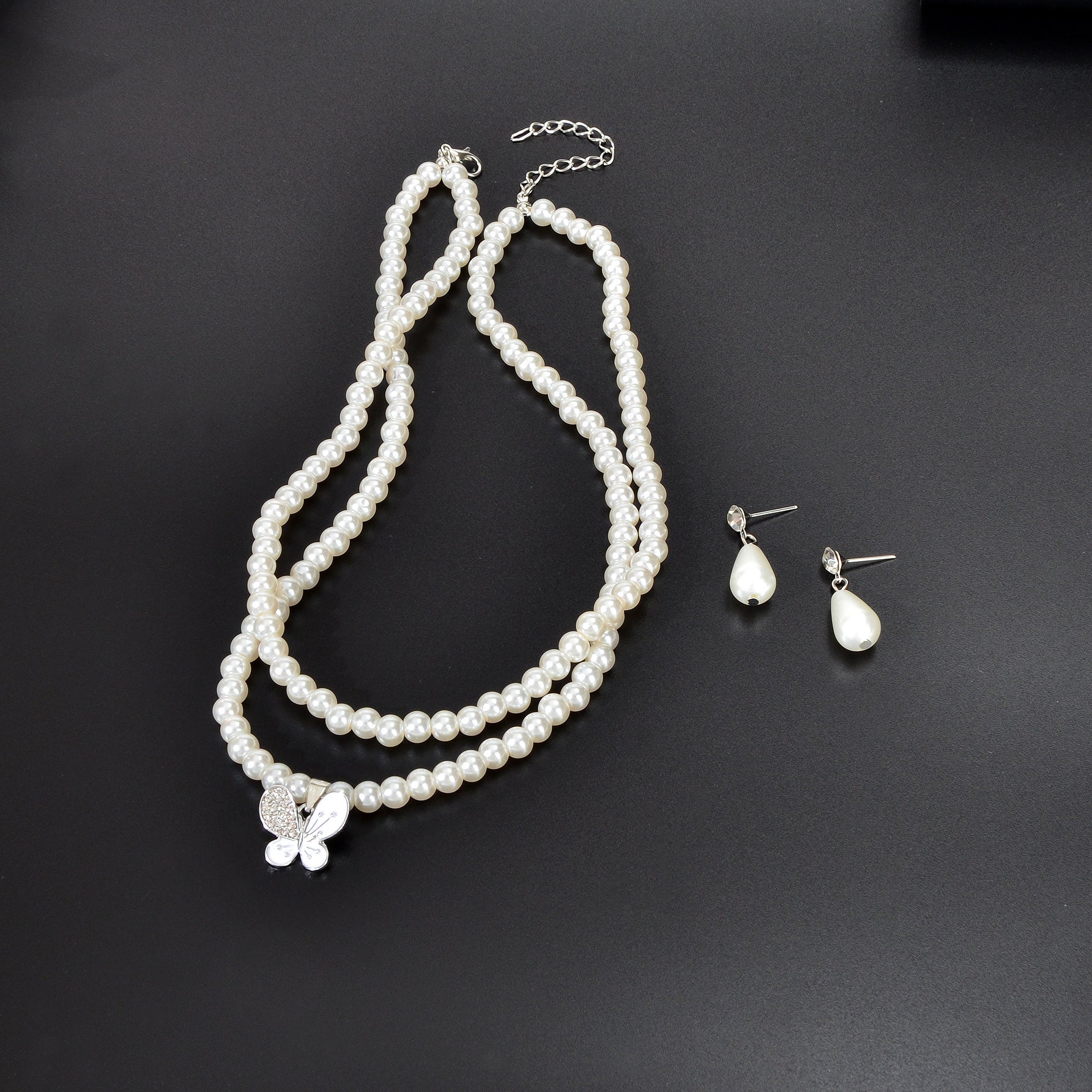 Imitation Pearl Double layered Necklace Water Drop Earrings Banquet Wedding Jewellery set