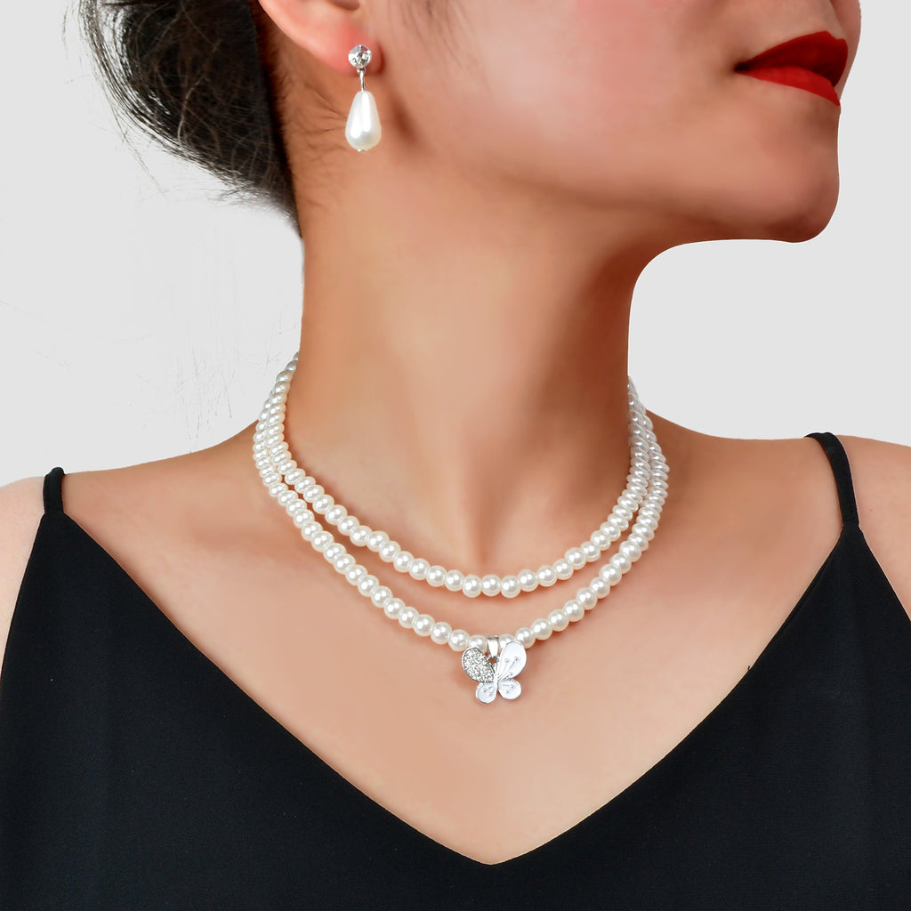 Imitation Pearl Double layered Necklace Water Drop Earrings Banquet Wedding Jewellery set