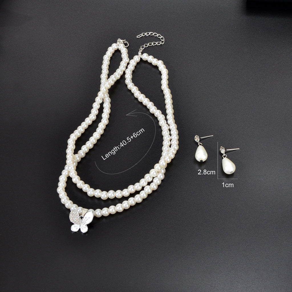Imitation Pearl Double layered Necklace Water Drop Earrings Banquet Wedding Jewellery set