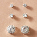 3 pairs Luxury Cubic Zirconia Round Square Stud Earrings Wedding Engagement Gift