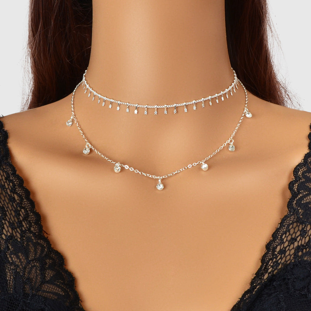 2 pcs Rhinestone Charm Layered Chain Necklace Personalized Choker