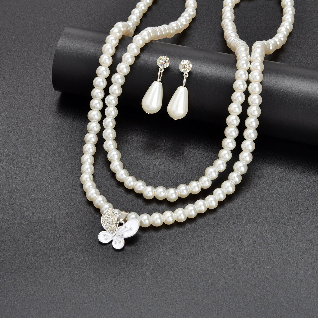 Imitation Pearl Double layered Necklace Water Drop Earrings Banquet Wedding Jewellery set