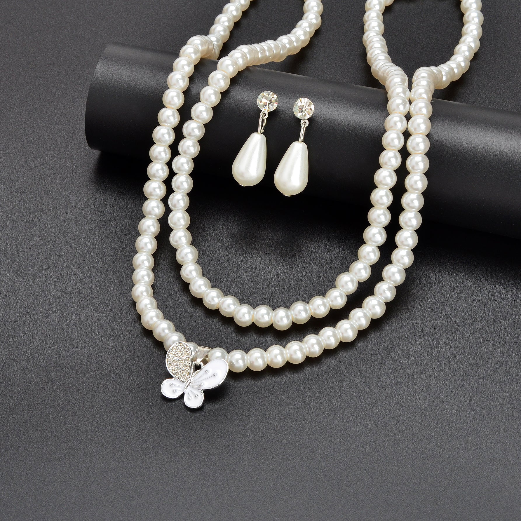 Imitation Pearl Double layered Necklace Water Drop Earrings Banquet Wedding Jewellery set