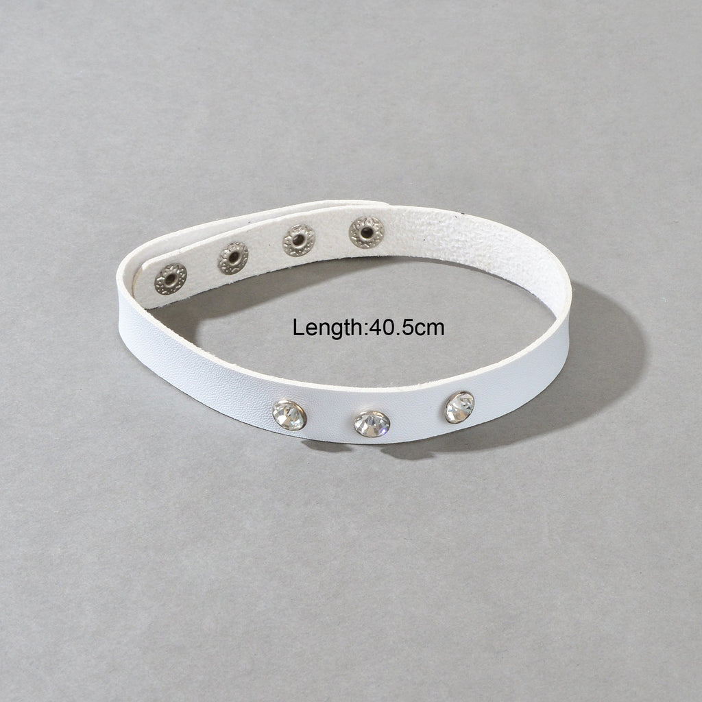 Punk Grunge Collar 90s Rhinestone White Pu Leather Short Choker Necklace