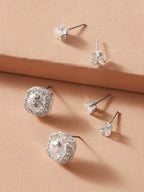 3 pairs Luxury Cubic Zirconia Round Square Stud Earrings Wedding Engagement Gift