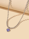 Party Decoration Popcorn Beads Silver Chain Purple Love Heart Charm Necklace