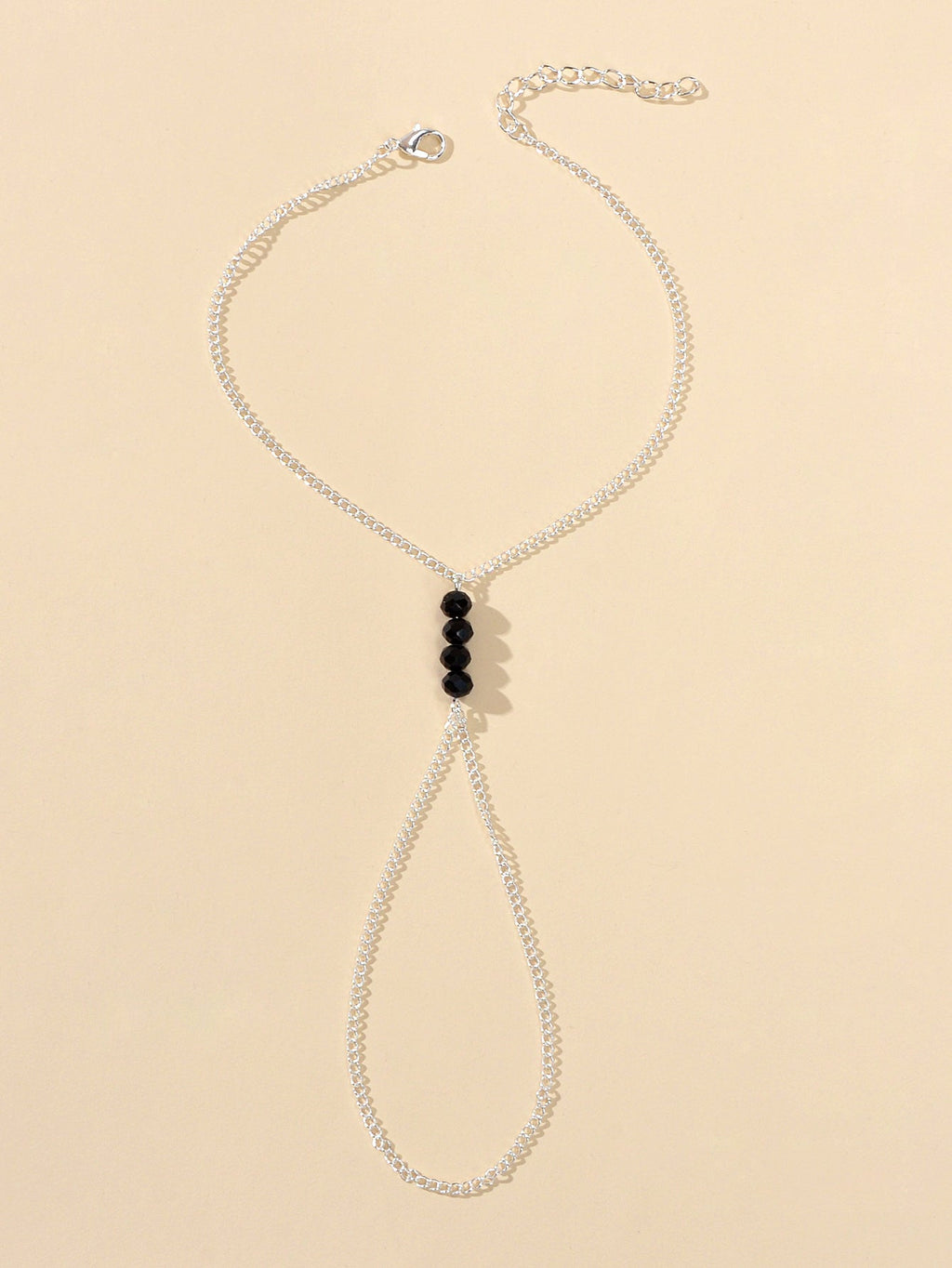 1pc Foot Beach Silver Chain Black Beads Anklet with Finger Ring Slave Bracelet