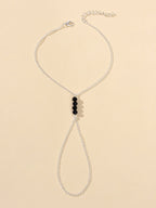 1pc Foot Beach Silver Chain Black Beads Anklet with Finger Ring Slave Bracelet