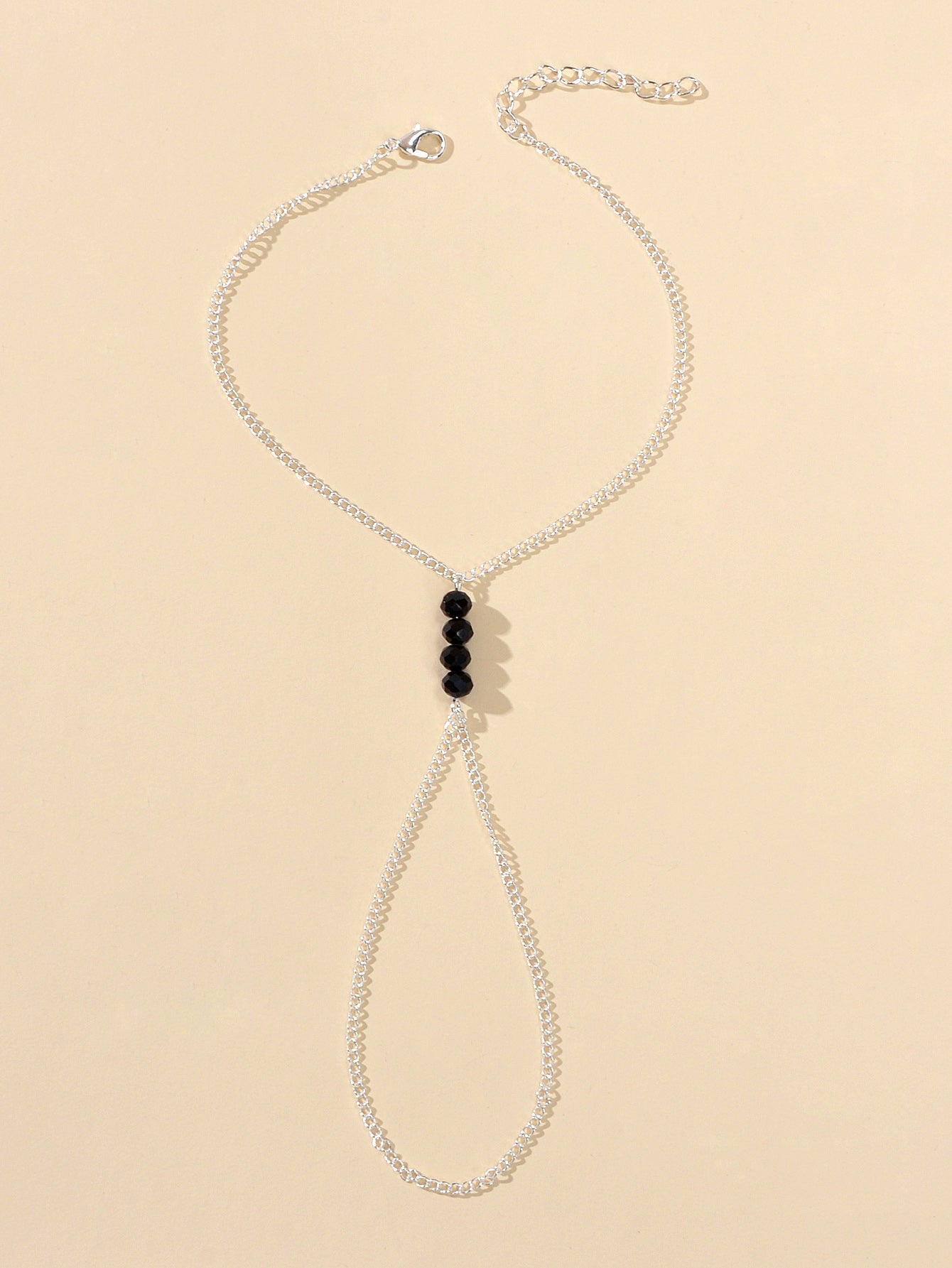 1pc Foot Beach Silver Chain Black Beads Anklet with Finger Ring Slave Bracelet