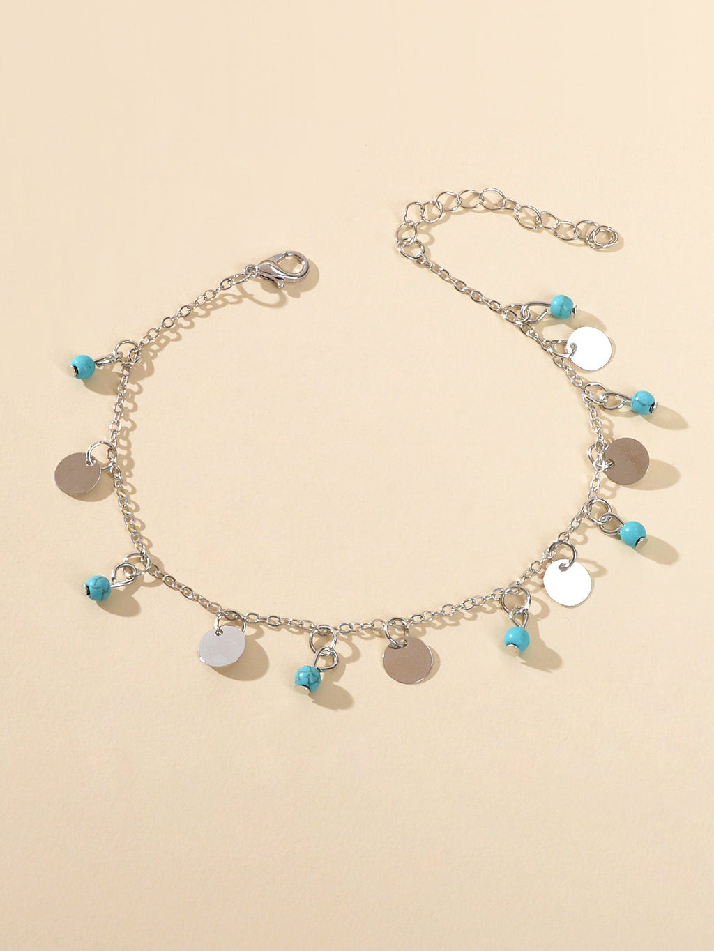 Silver Turquoise Disc Charm Anklet Adjustable Foot Bracelet