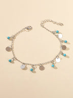 Silver Turquoise Disc Charm Anklet Adjustable Foot Bracelet