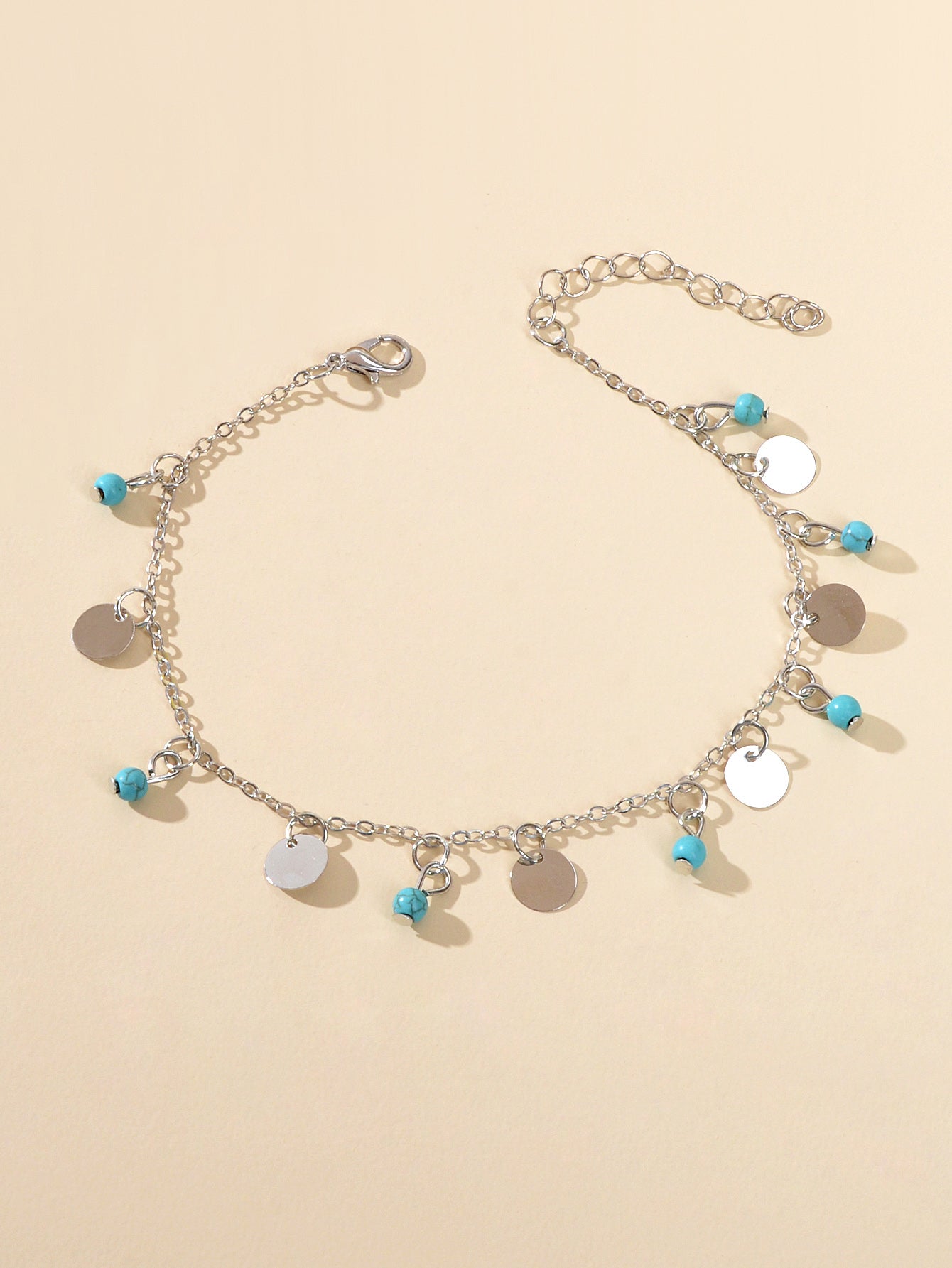 Silver Turquoise Disc Charm Anklet Adjustable Foot Bracelet