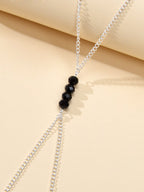1pc Foot Beach Silver Chain Black Beads Anklet with Finger Ring Slave Bracelet