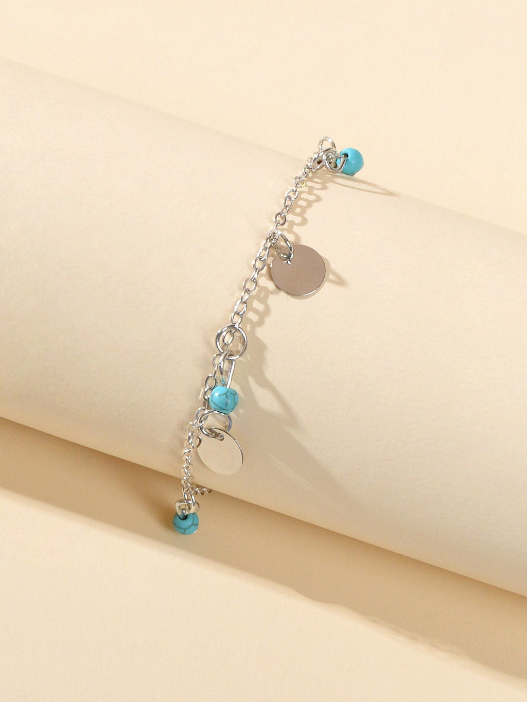 Silver Turquoise Disc Charm Anklet Adjustable Foot Bracelet