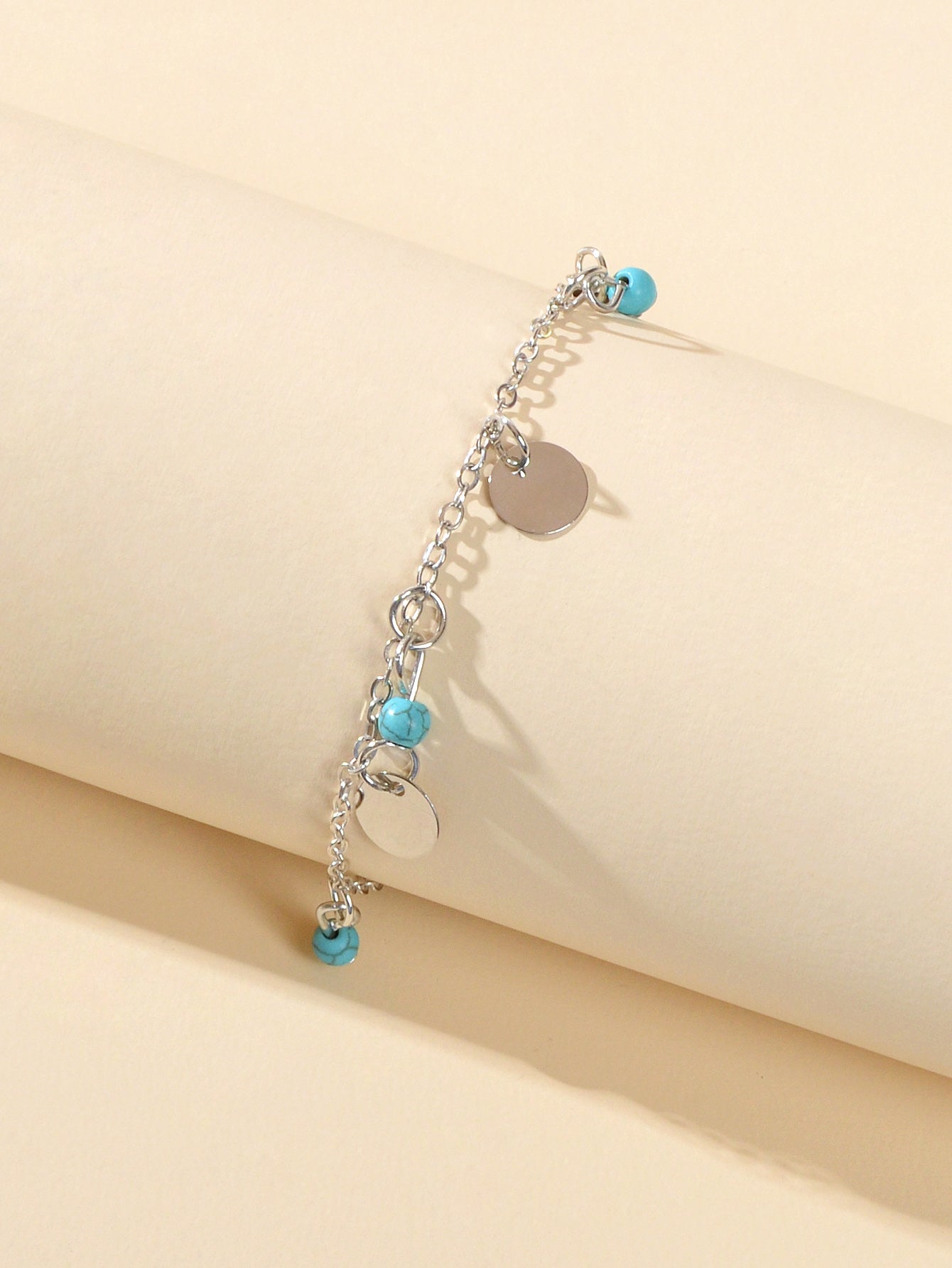 Silver Turquoise Disc Charm Anklet Adjustable Foot Bracelet