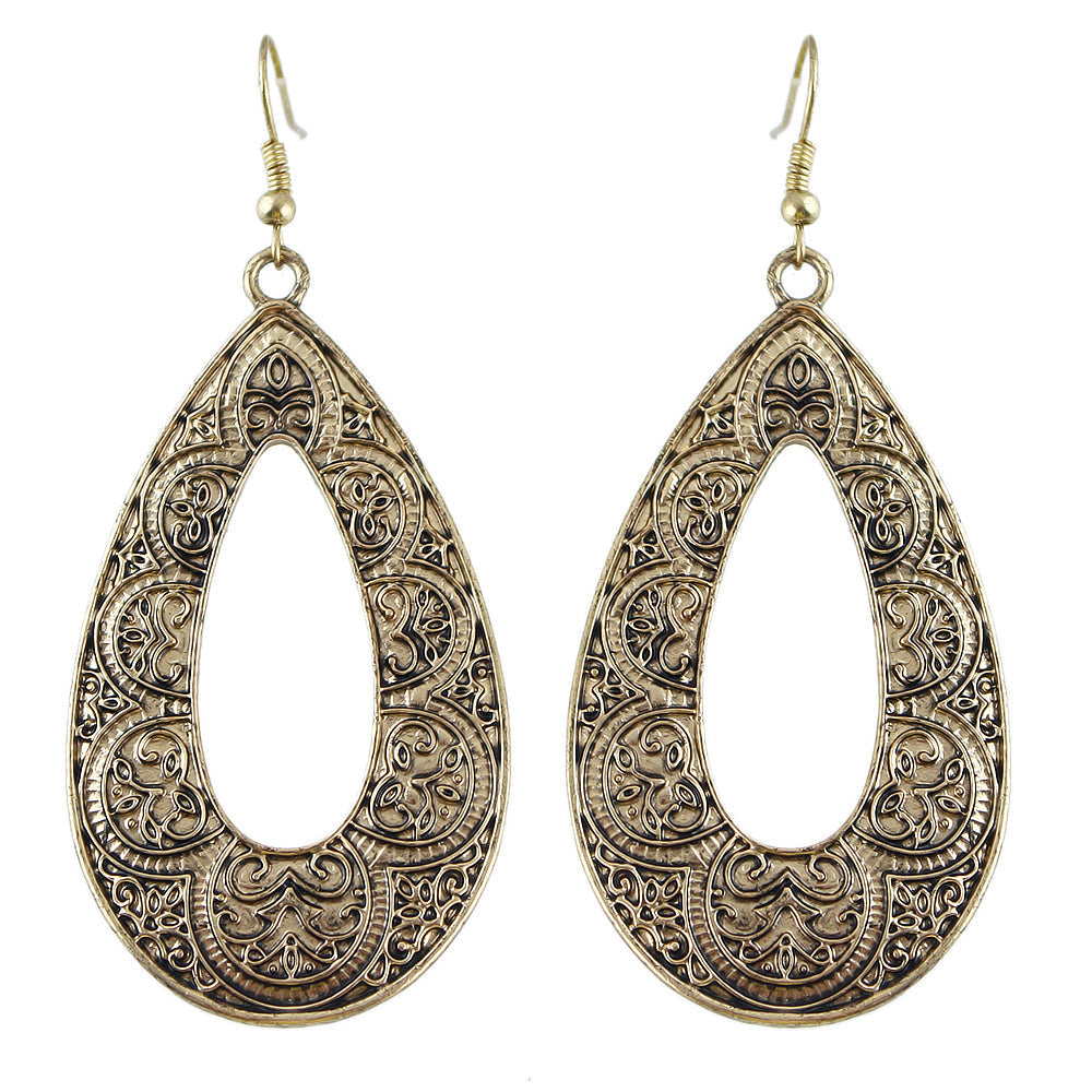 Tribal Ethnic Antique Gold Silver Carved Water Drop Big Earrings Boho Jewellery