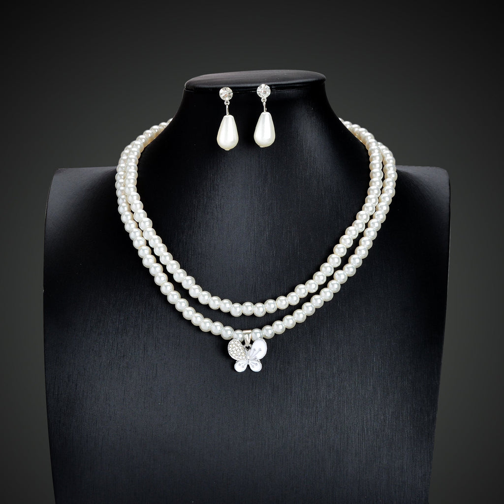 Imitation Pearl Double layered Necklace Water Drop Earrings Banquet Wedding Jewellery set