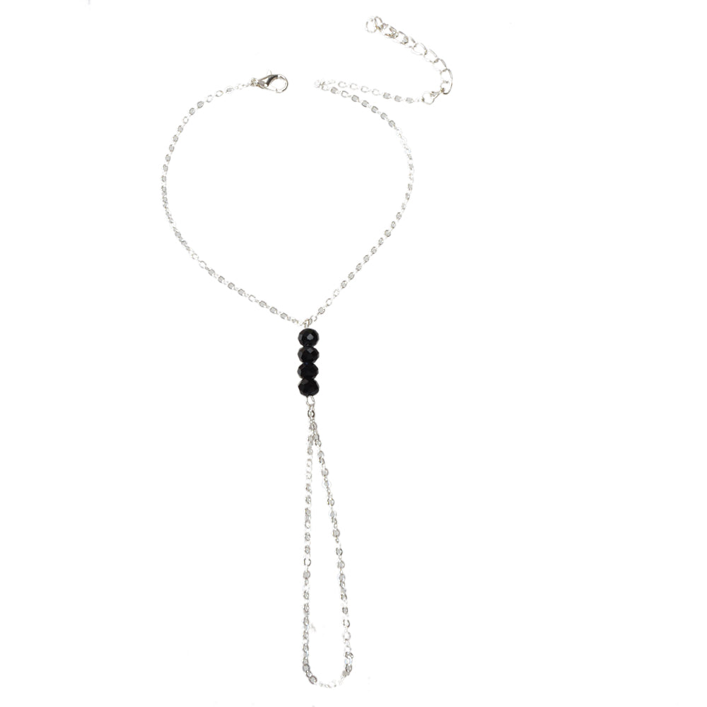 1pc Foot Beach Silver Chain Black Beads Anklet with Finger Ring Slave Bracelet