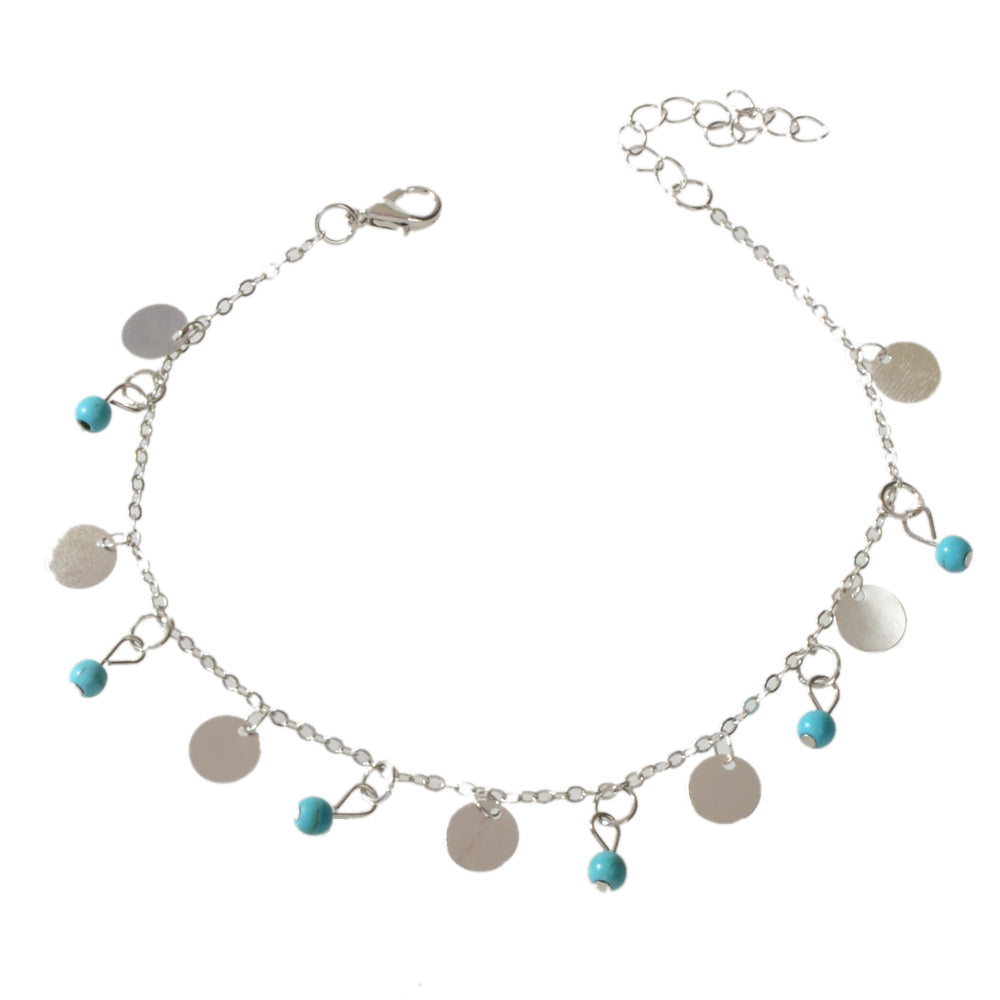 Silver Turquoise Disc Charm Anklet Adjustable Foot Bracelet