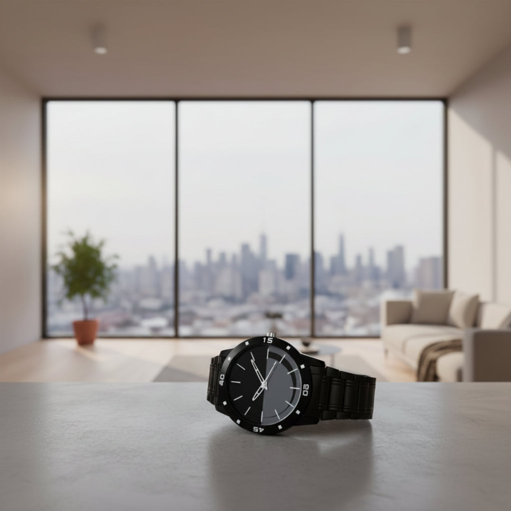 Black wrist watch with a metallic band on a white background