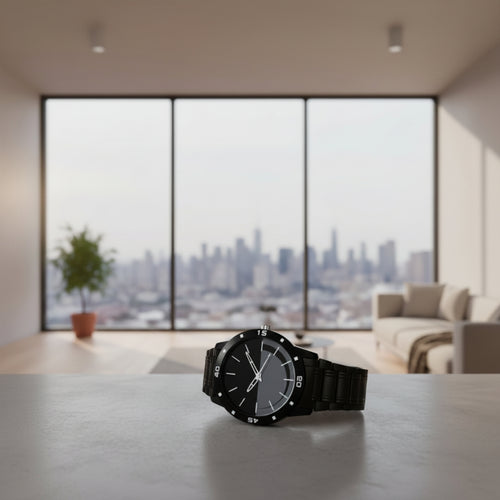 Black wrist watch with a metallic band on a white background