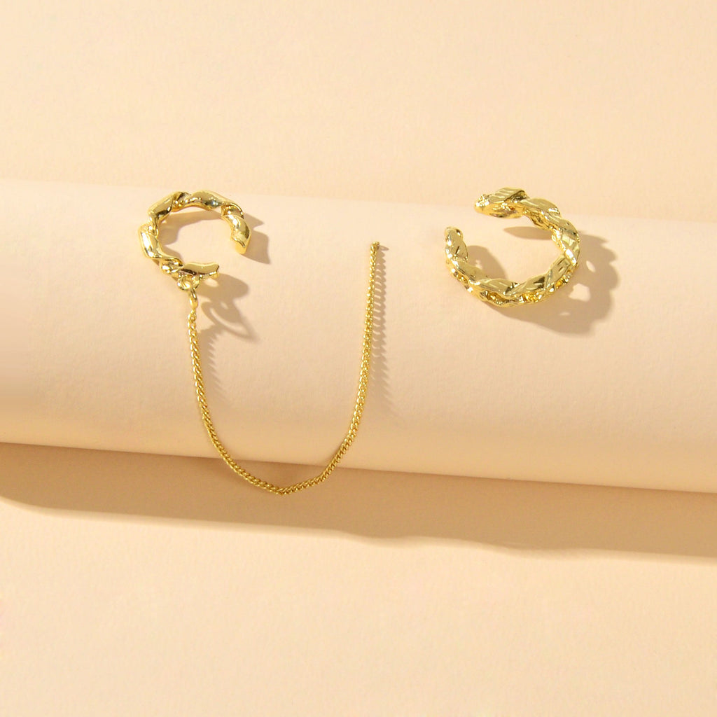 2 pcs Gold Chain Cartilage Cuff Earrings Punk Stud Statement