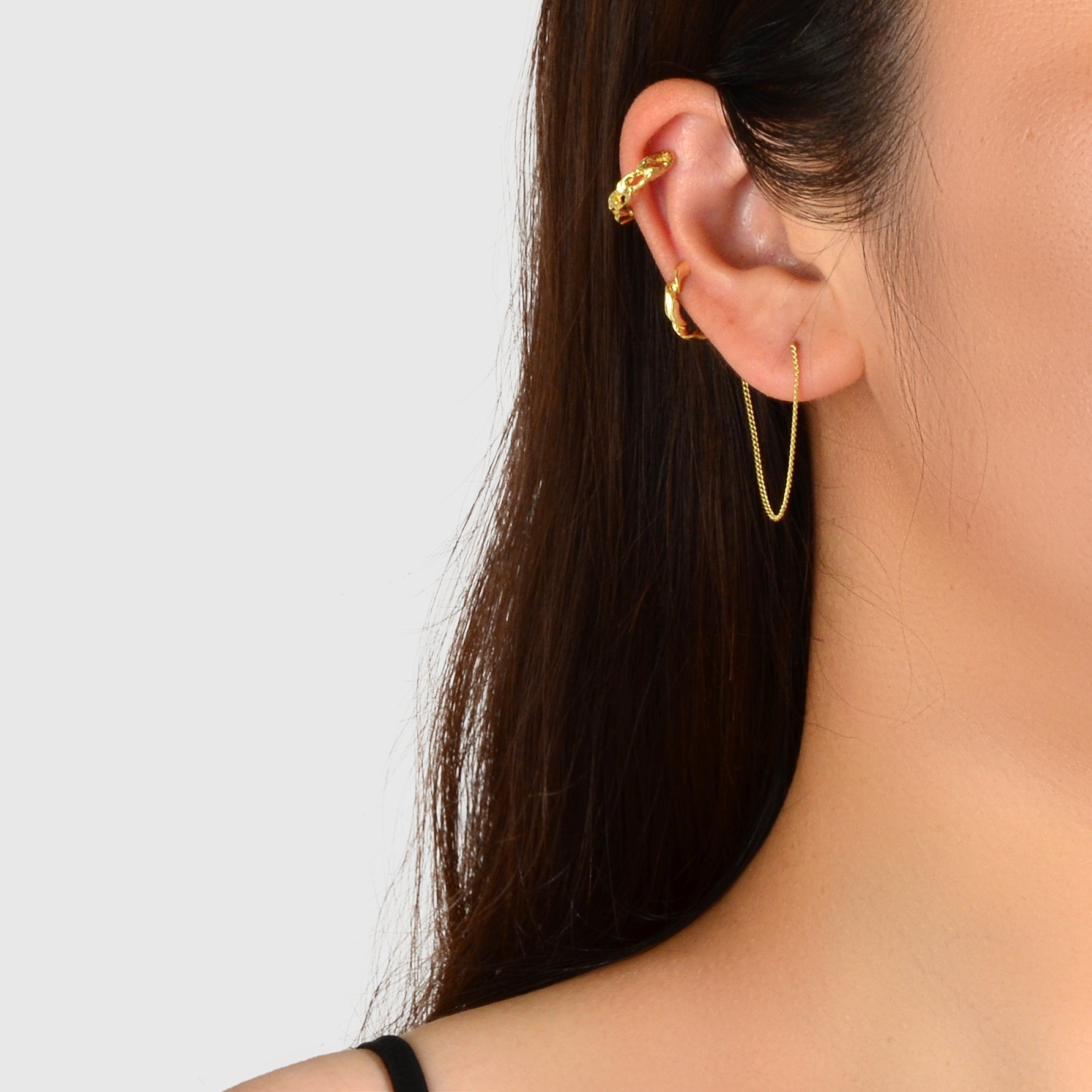 2 pcs Gold Chain Cartilage Cuff Earrings Punk Stud Statement