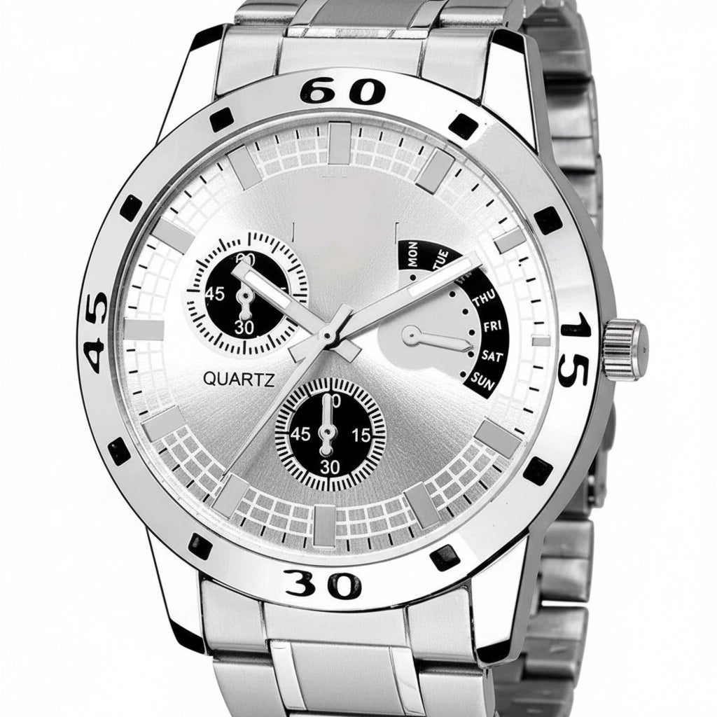 Silver wrist watch with a detailed face on a white background