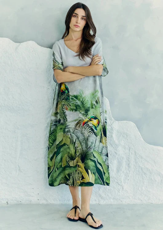 Wild Wings Bird In The Jungle Long Kaftan Dress - Green & Multicolor