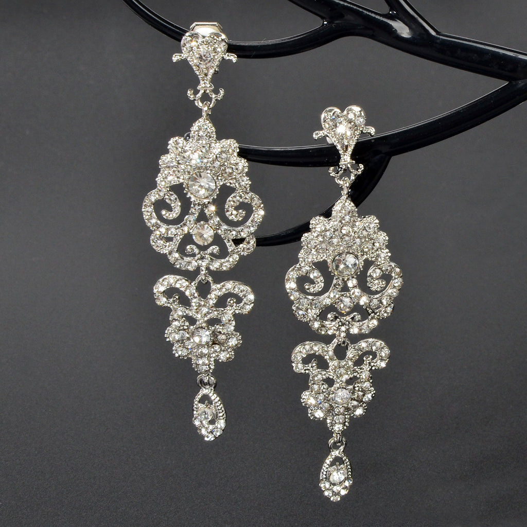 Luxury Rhinestones Silver Hollow Carving Pendant Earrings Banquet Wedding Jewellery